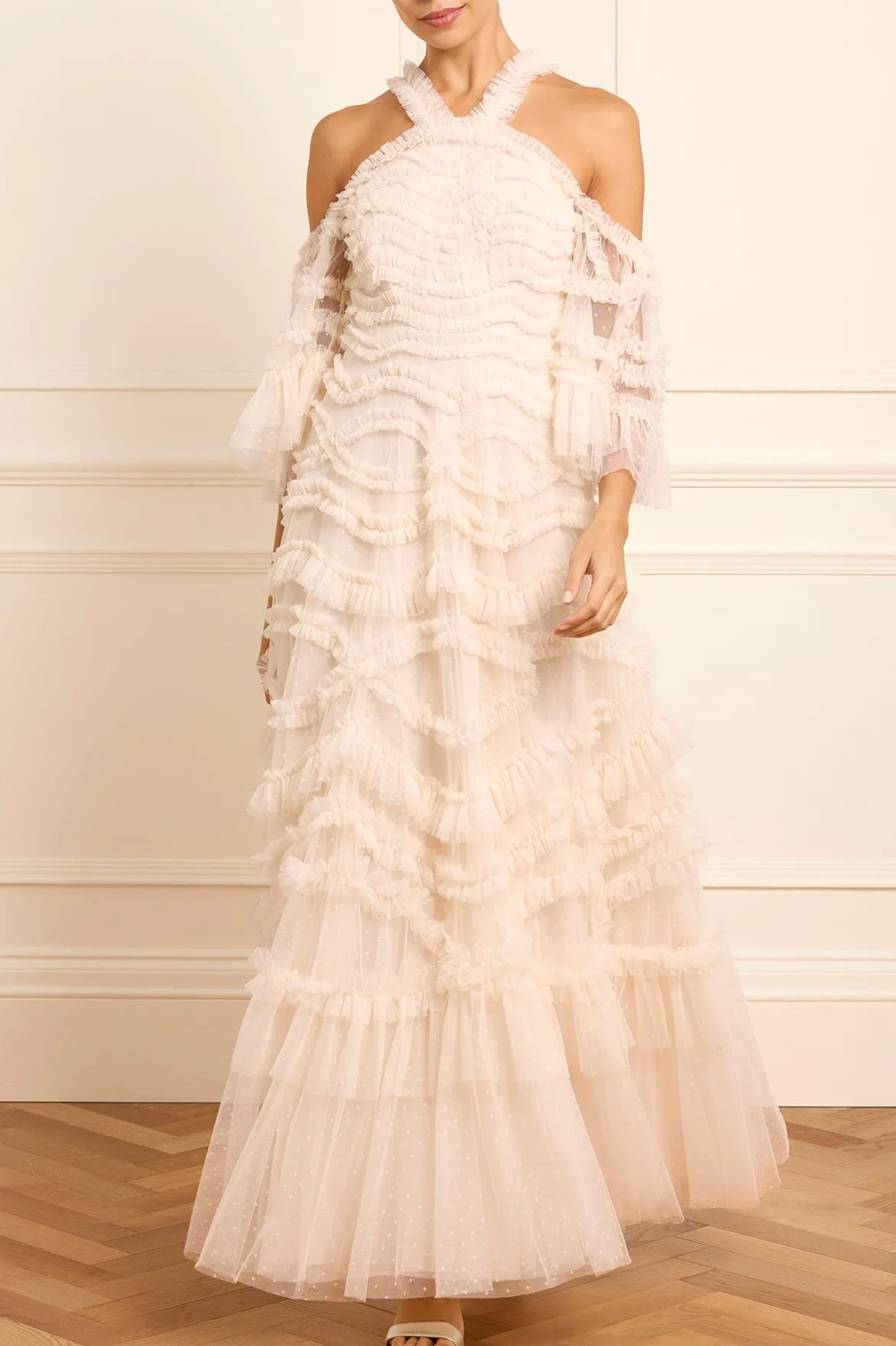 Pleated-Texture Smooth Look Bronte Off-Shoulder Gown