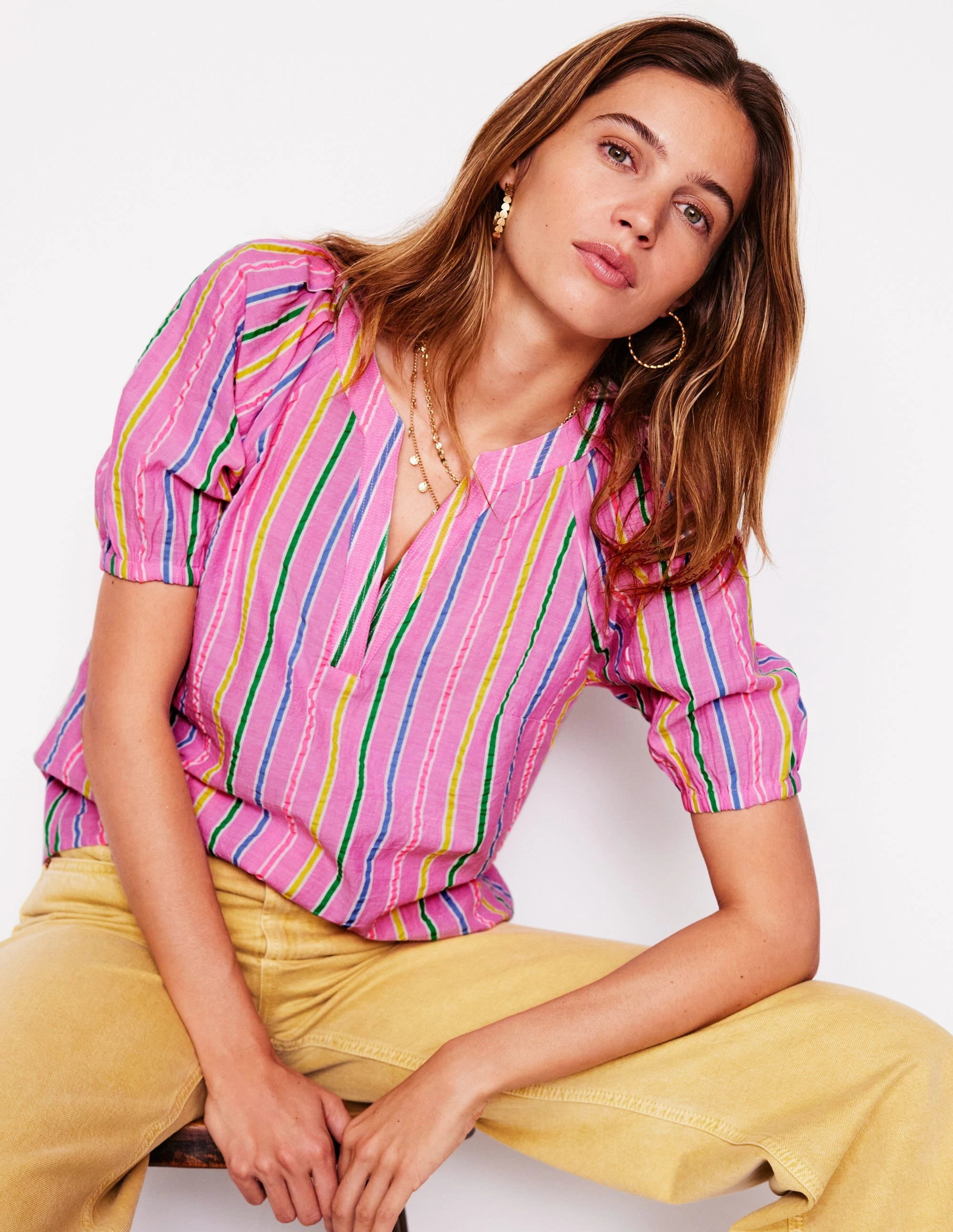 ColorfastMaterial LoopwheelFabric Brooke Cotton Top-Neon Pink Seersucker Stripe