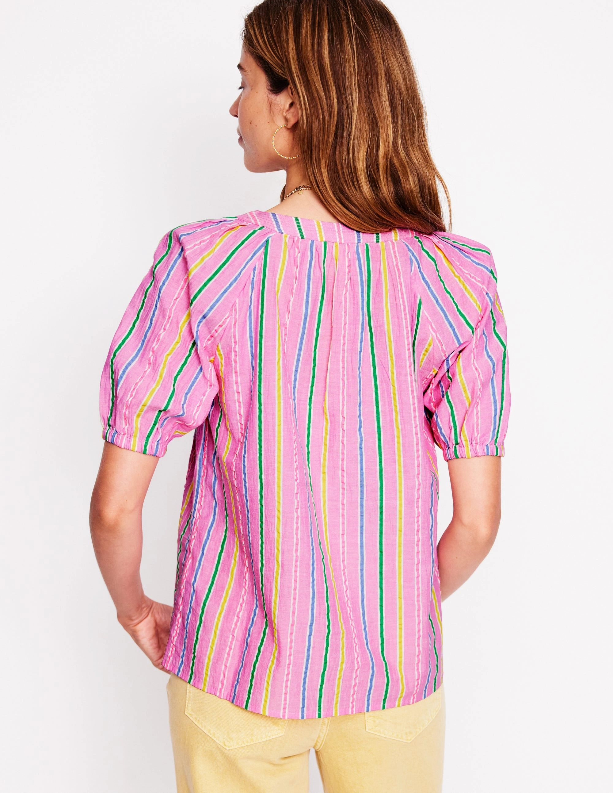 DoubleLayeredShoulders Flatlock Seam Design Brooke Cotton Top-Neon Pink Seersucker Stripe