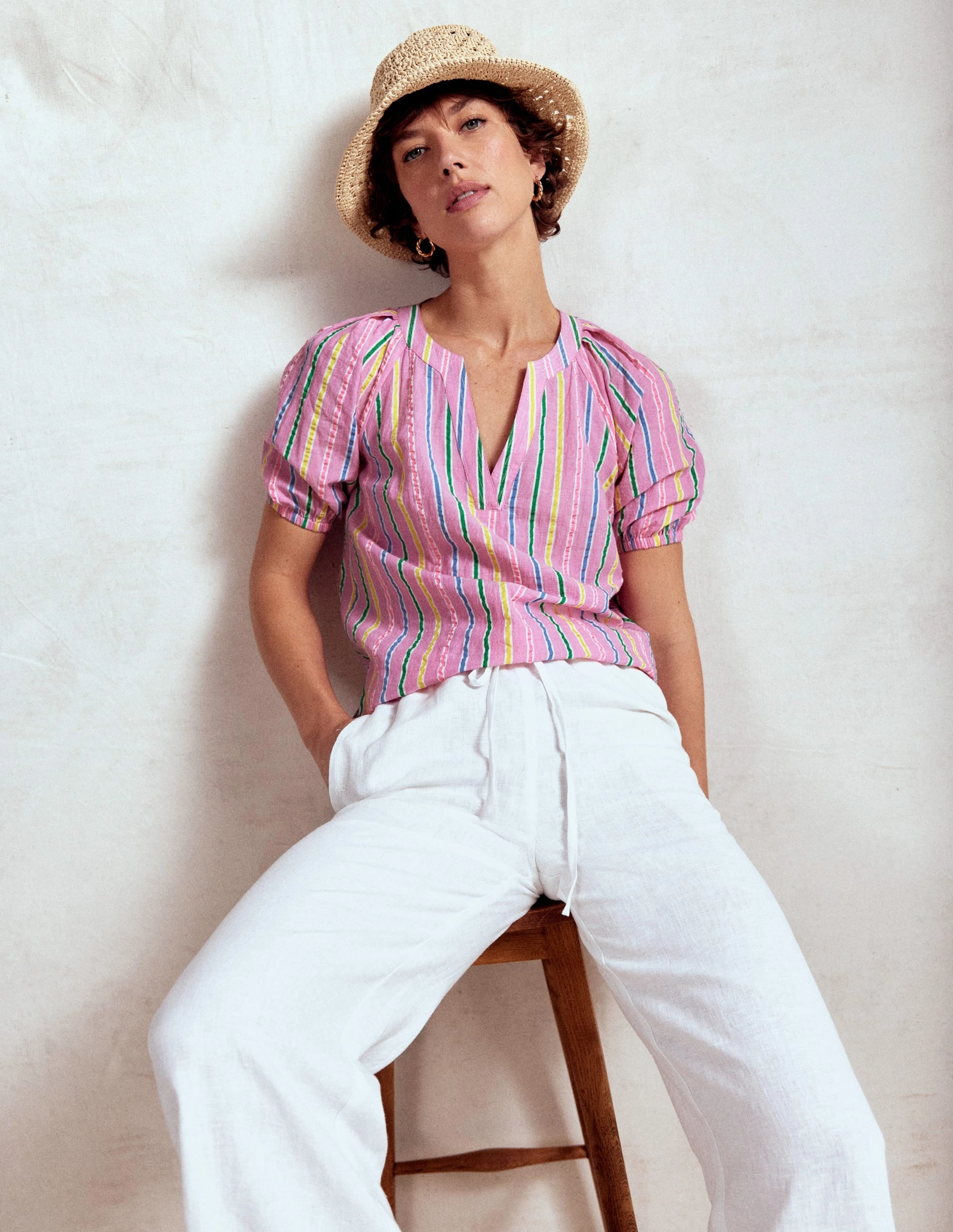 BondedShoulderTaping Microfiber Material Brooke Cotton Top-Neon Pink Seersucker Stripe