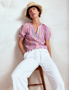 BondedShoulderTaping Microfiber Material Brooke Cotton Top-Neon Pink Seersucker Stripe