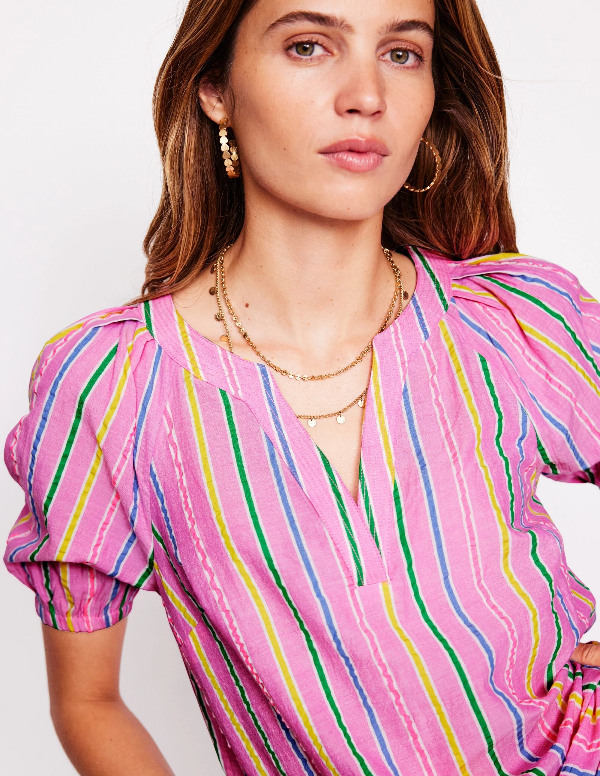 AdjustableDrawstring RawEdgedDesign Brooke Cotton Top-Neon Pink Seersucker Stripe