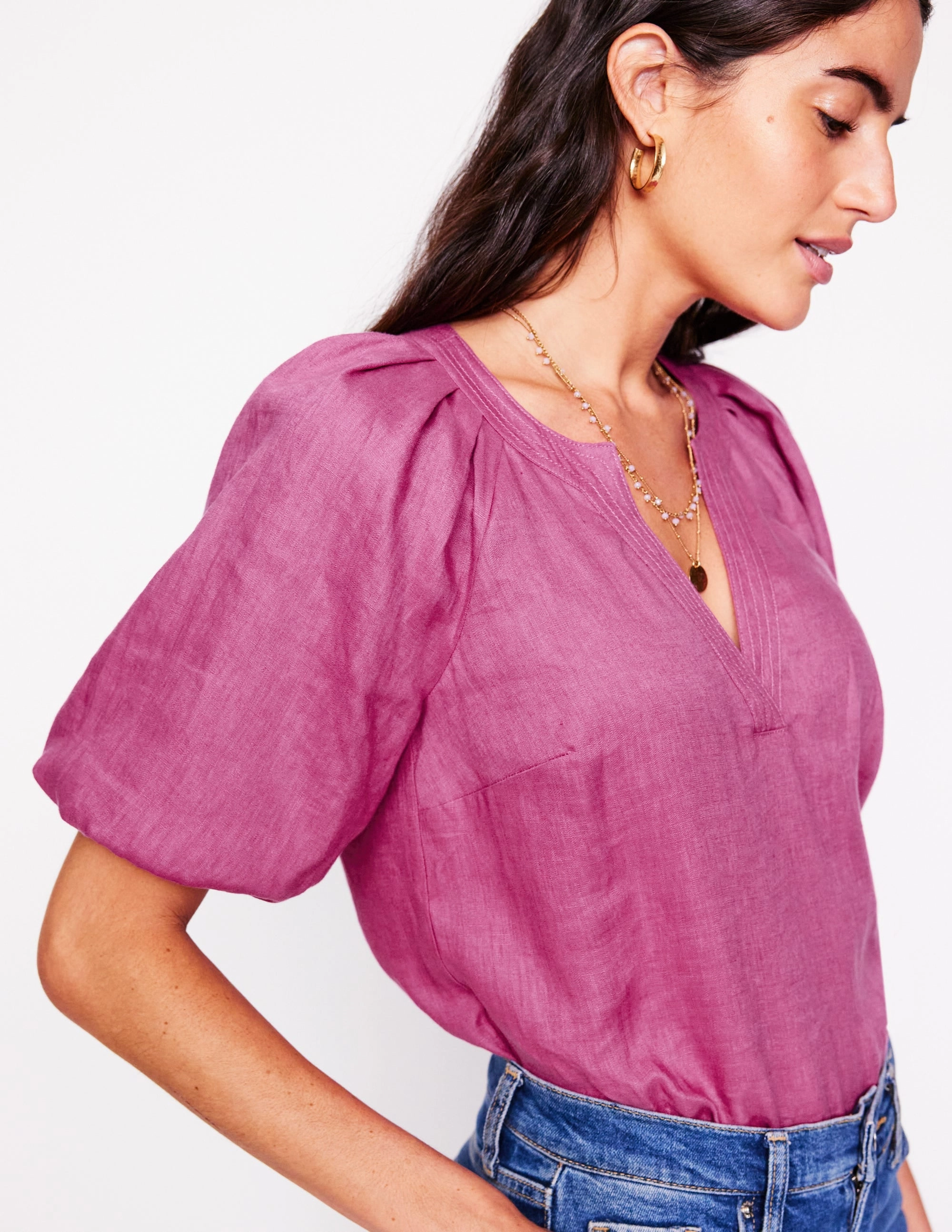 Brooke Linen Top-Purple Damson High Collar Design Simple Dress