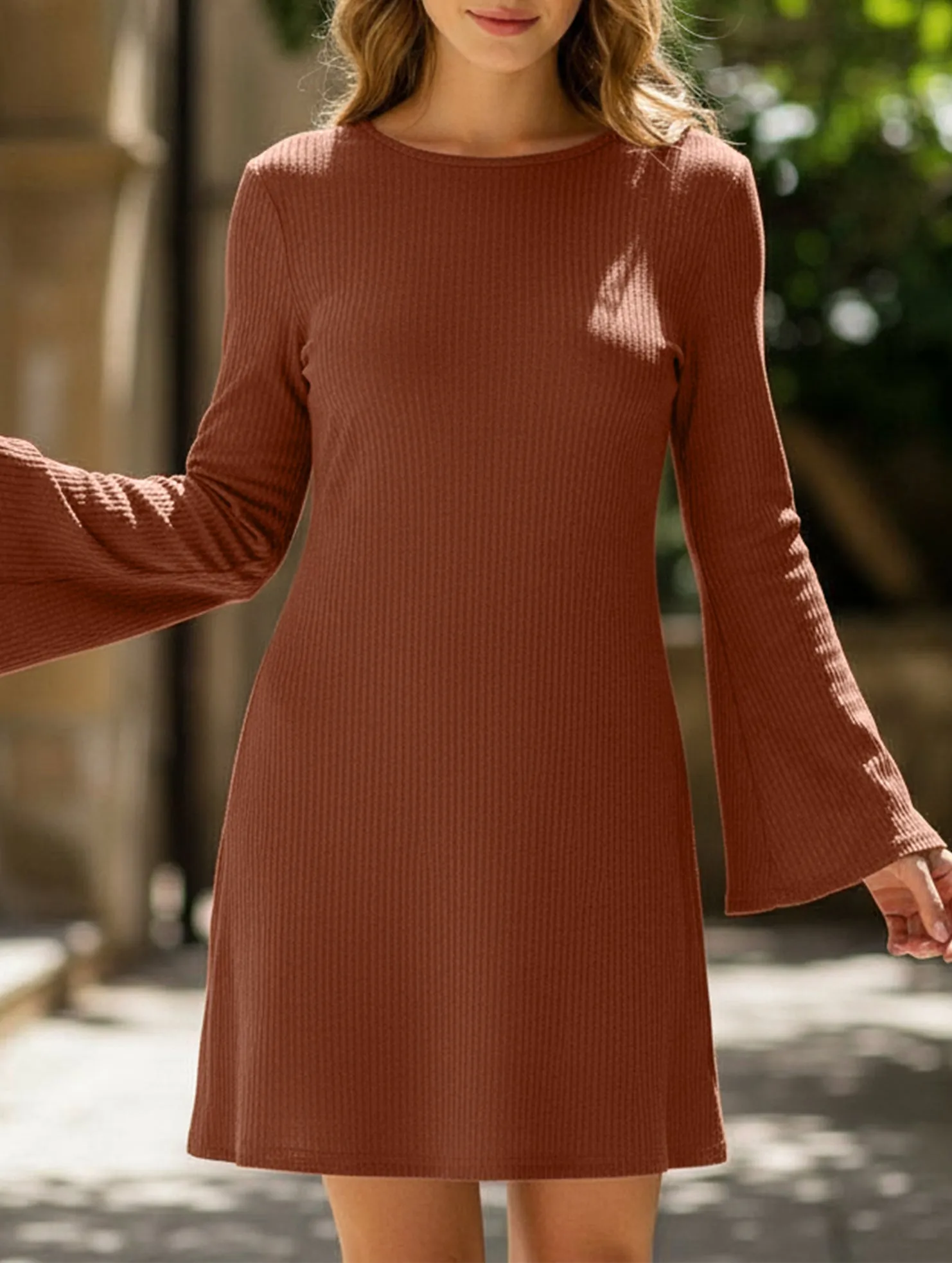 Refined Line Brown Textured Open Back Bow Dress