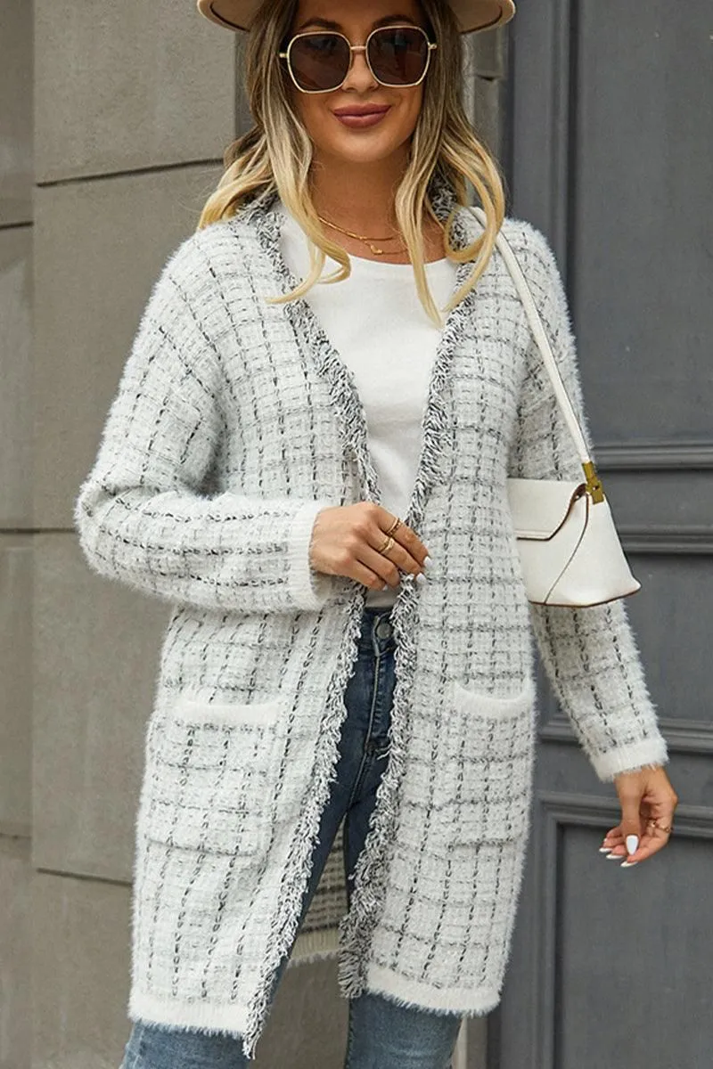 DISTRESSED PLAID PATTERN CARDIGAN FOR WOMEN NonChafe Tag Placement Tapered Cut