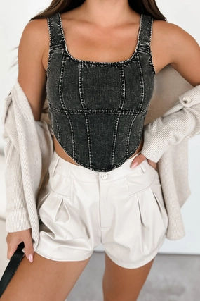 Mesh Lining Relaxed Look That's Just Karma Denim Corset Top (Black)