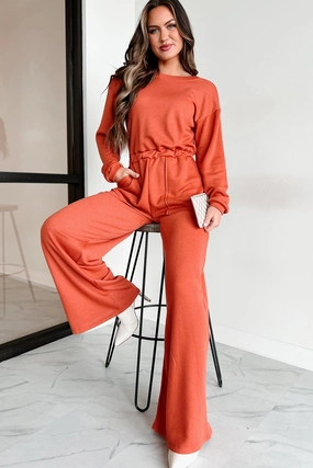 Comfy Wear Quick Match Plausible Deniability Long Sleeve Wide Leg Jumpsuit (Rust)
