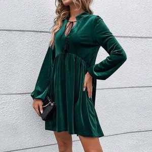 Wool-Blend BUBBLY LONG SLEEVED V NECK LACE UP VELVET DRESS_CWDSD3235