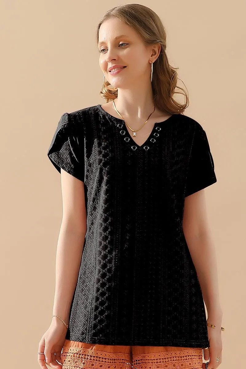 BUCKLED V NECK PUNCHING LACE TULIP SLEEVE TEE Reflective accents Shrinkage Prevention Treatment