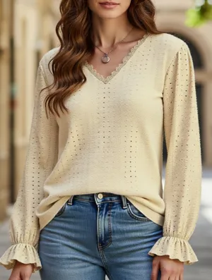 Cozy Sweater DoubleNeedle Stitching WOMEN LACE TRIM NECK EYELET LONG SLEEVE SHIRT TOP