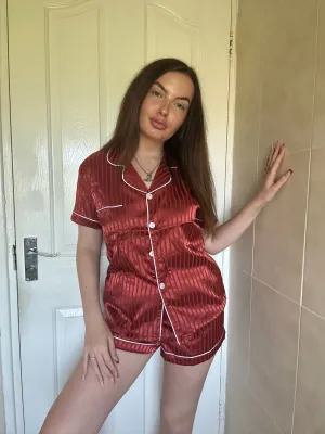 BURNT ORANGE STRIPED SHORT T SHIRT PYJAMAS SET