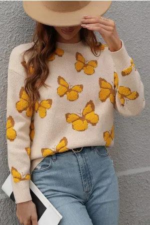 WrinkleFree Weave BUTTERFLY PRINTING LONG SLEEVE CASUAL SWEATER