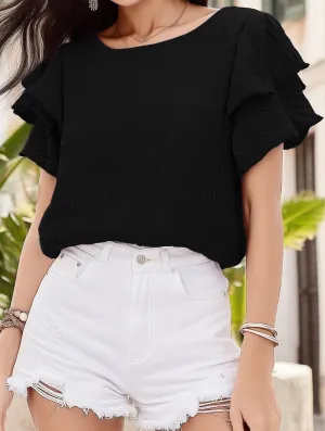 Sweat Absorbing Lining Rubberized grip Double-Layered Ruffle Sleeve T-Shirt ??Elegant Crewneck Blouse
