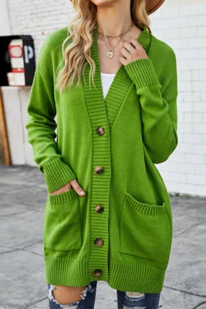 VersatileNeckline BUTTON CLOSURE RIBBED KNIT CARDIGAN WITH POCKETS