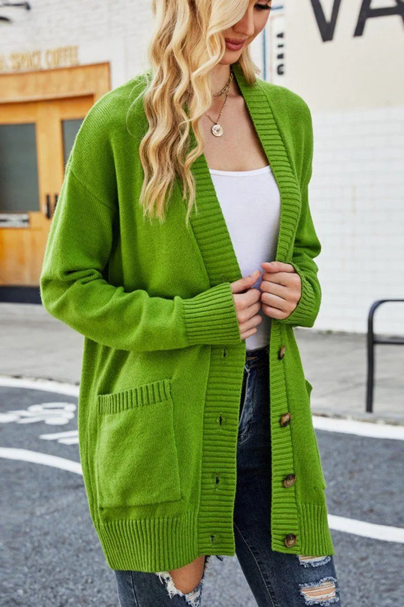 Athletic Wear BUTTON CLOSURE RIBBED KNIT CARDIGAN WITH POCKETS