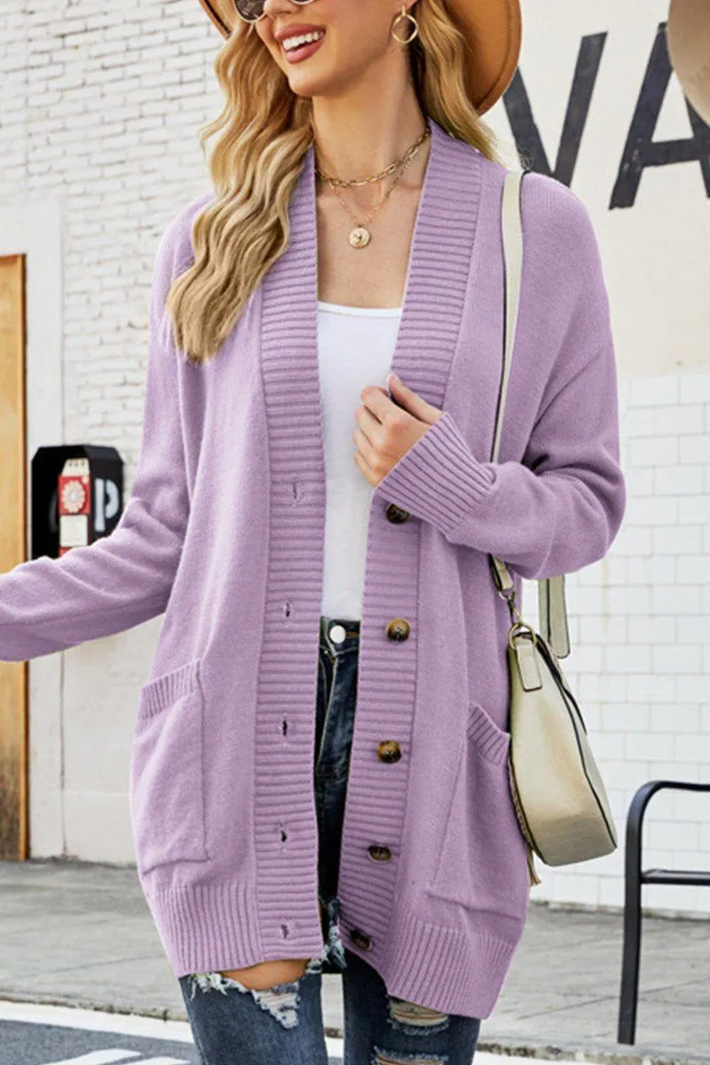 BUTTON CLOSURE RIBBED KNIT CARDIGAN WITH POCKETS Layered Hem Detailing Fleece Pullover