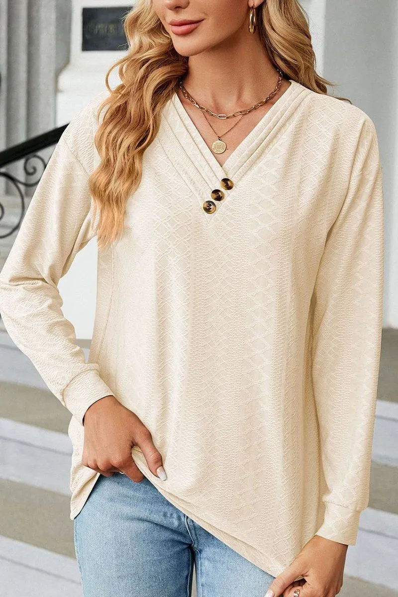 BUTTON DECKED V NECK PATTERN STITCHED BLOUSE Eco Dye Process AntiOdorTechnology