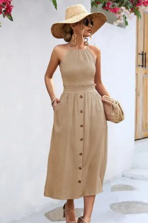 BUTTON DETAILED SKIRT WOMEN HALTER DRESS Bride Side Flattering Waist