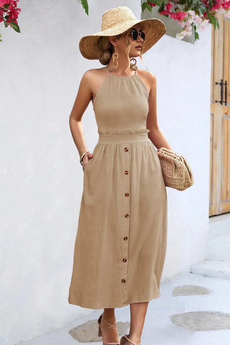 BUTTON DETAILED SKIRT WOMEN HALTER DRESS Soft Stitch Sophisticated Touch