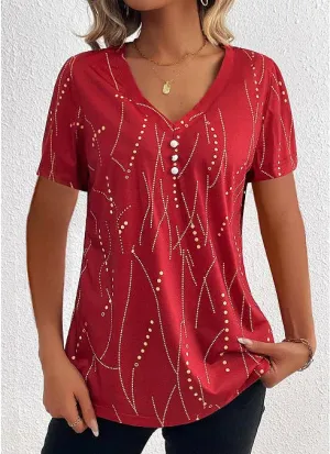 Minimalist Silhouette BUTTON DOT V-NECK SHORT-SLEEVED BLOUSE_CWTBLS0939