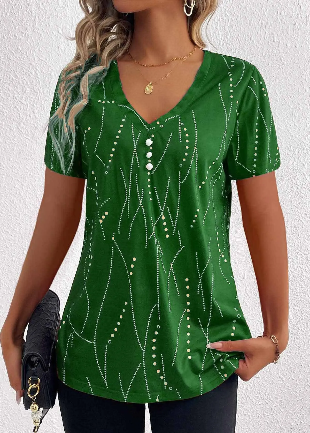 BUTTON DOT V-NECK SHORT-SLEEVED BLOUSE_CWTBLS0939 Thermal Insulation