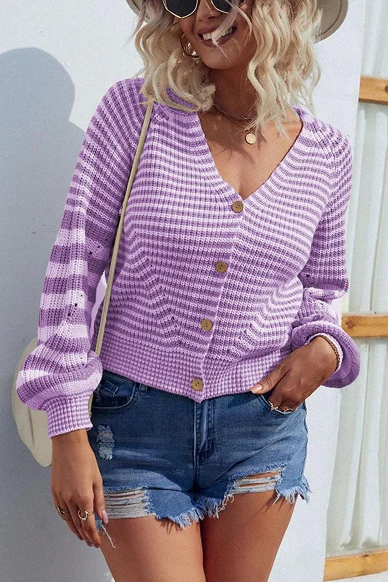 Relaxed Hoodie BUTTON DOWN STRIPE KNITTED SHORT CARDIGAN