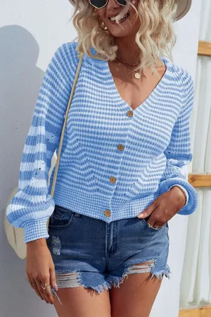 BUTTON DOWN STRIPE KNITTED SHORT CARDIGAN Adjustable Fit System