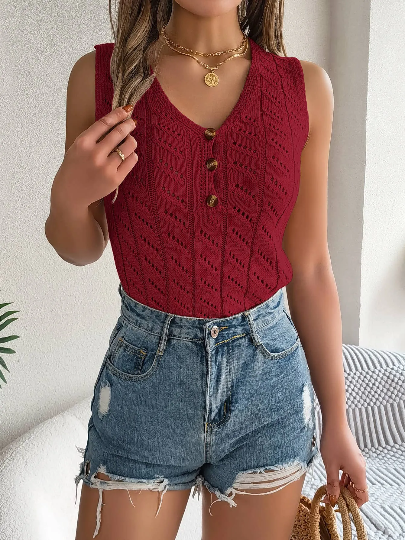 BUTTON-DOWN V-NECK CUTOUT SWEATER_CWTBLSL0277 OdorResistant Fabric