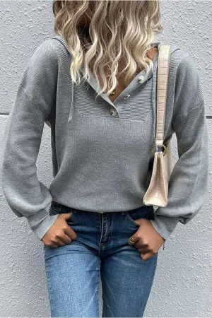 BUTTON NECK HOODIE CASUAL TOP FrenchTerryTexture Minimalist Detailing