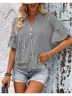 MinimalistAesthetic CarbonNeutral Production BUTTON NECK RUFFLE SLEEVE STRIPE TUNIC TOP