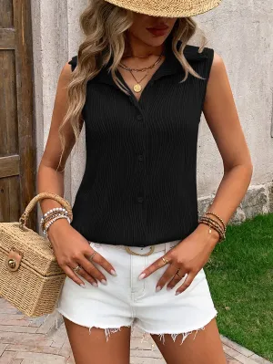 Relaxed Tank BUTTON TEXTURE LOOSE SLEEVELESS SHIRT_CWTBLSL0296