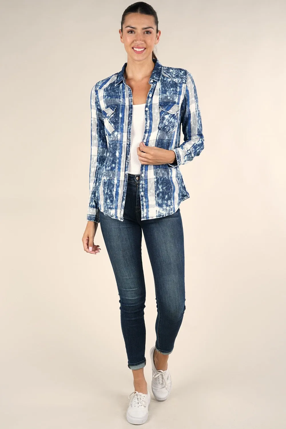 Button Up Vintage Wash Twill Plaid Top