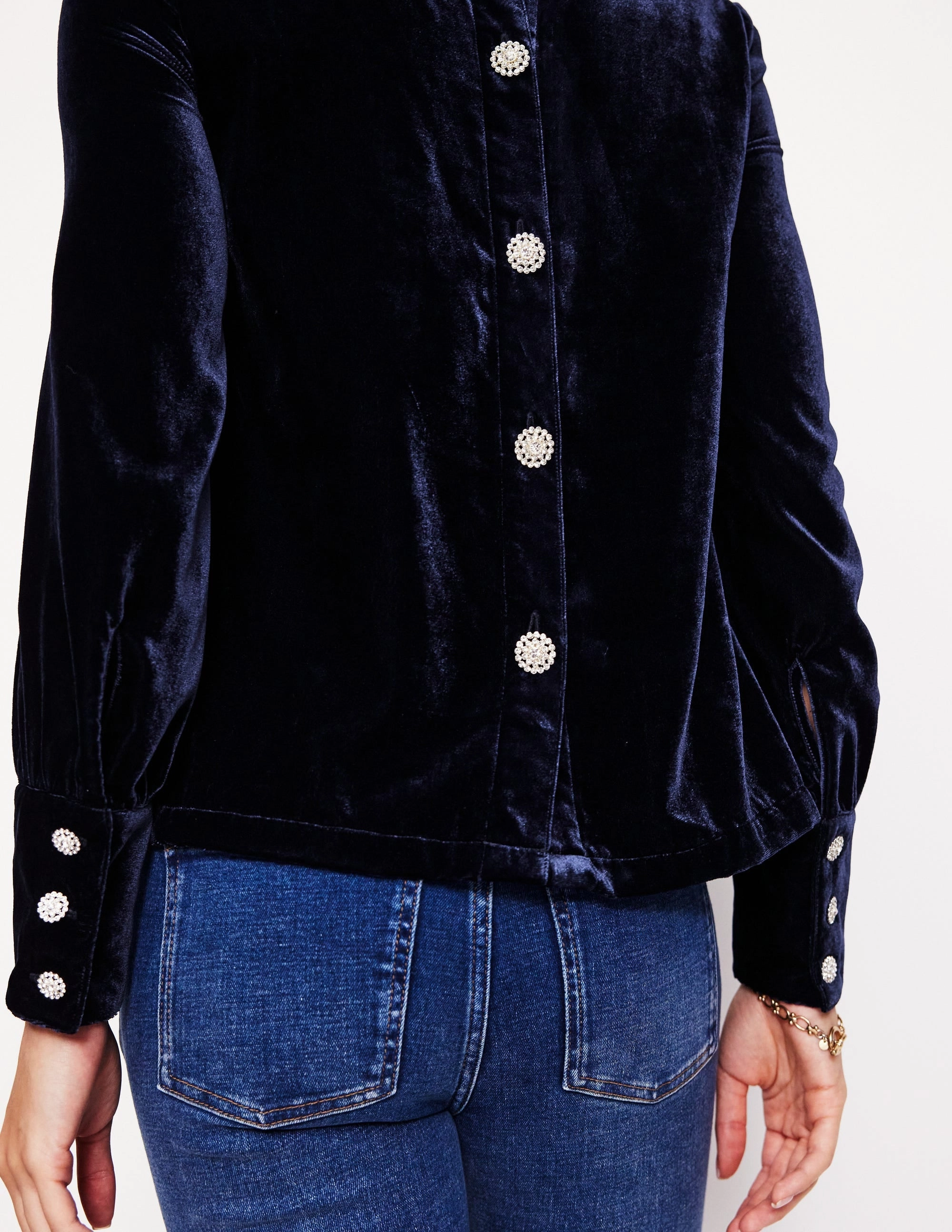 Button Back Velvet Top-Navy Quick Access Pockets Flowing Design