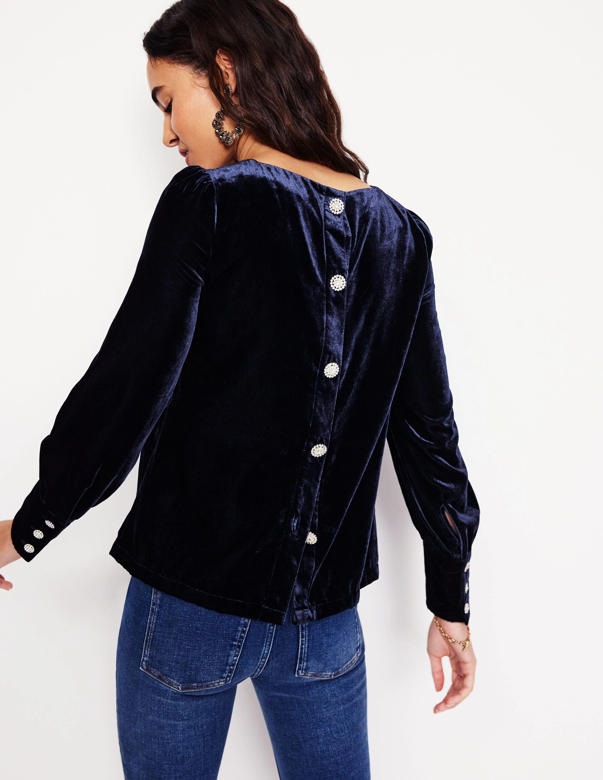 Button Back Velvet Top-Navy PolishedFinish