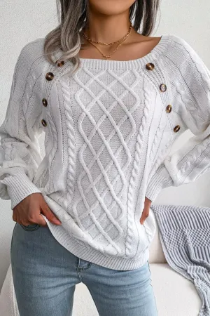 CABLE KNIT BUTTON DETAILED PULLOVER SWEATER MultiPocket