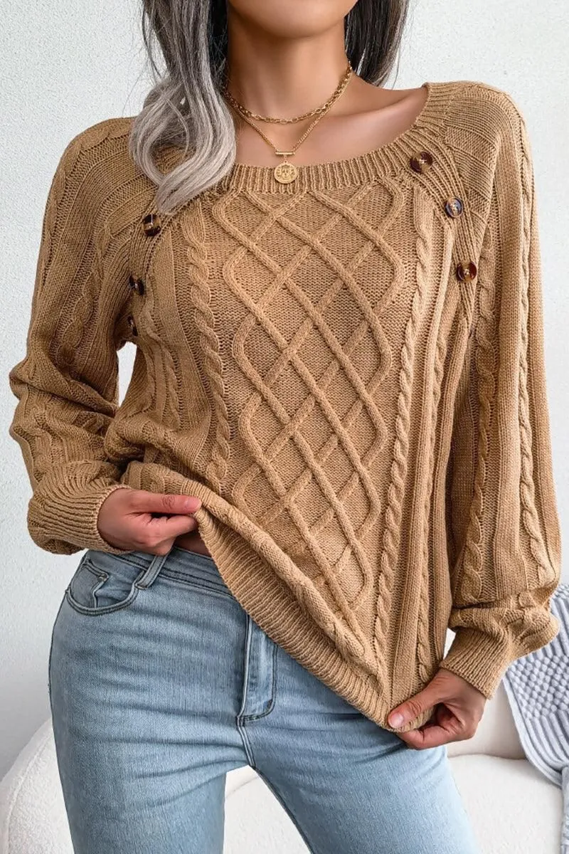 Self Fabric Tie CABLE KNIT BUTTON DETAILED PULLOVER SWEATER