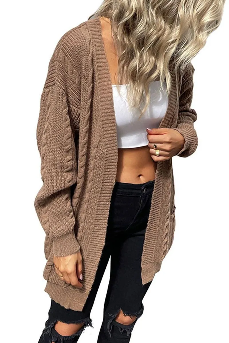 CABLE KNIT OPEN FRONT MIDI LENGH CARDIGAN Tagless Neckline Design