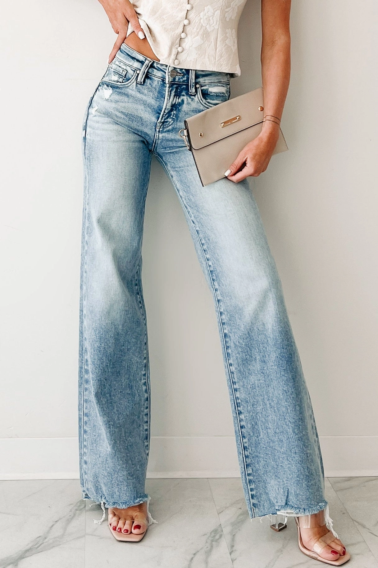 AntiStaticFabric Stretchable Material Calgary Mid Rise Wide Leg Risen Tummy Control Jeans (Light)