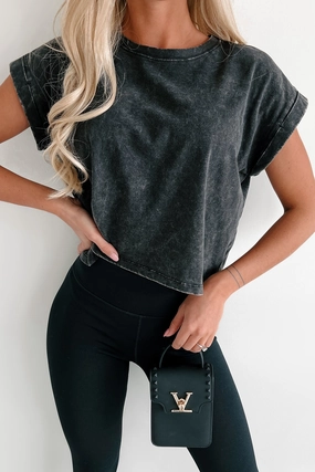 Drop Shoulder Design DoubleStitching Call Me A Baddie Acid Wash Oversized Crop Tee (Ash Black)