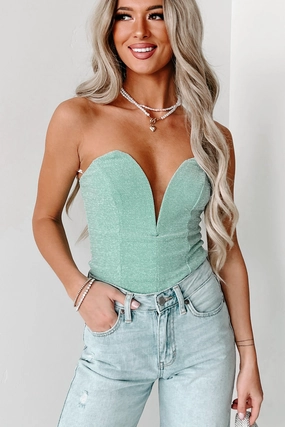 Call My Agent Strapless Deep V-Neck Bodysuit (Shinny Mint) Workout Apparel Lightweight Knit