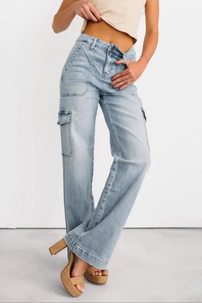 Callum Wide Leg Cargo Mica Denim Jeans (Light) NonFade Dye Double Stitched Hems