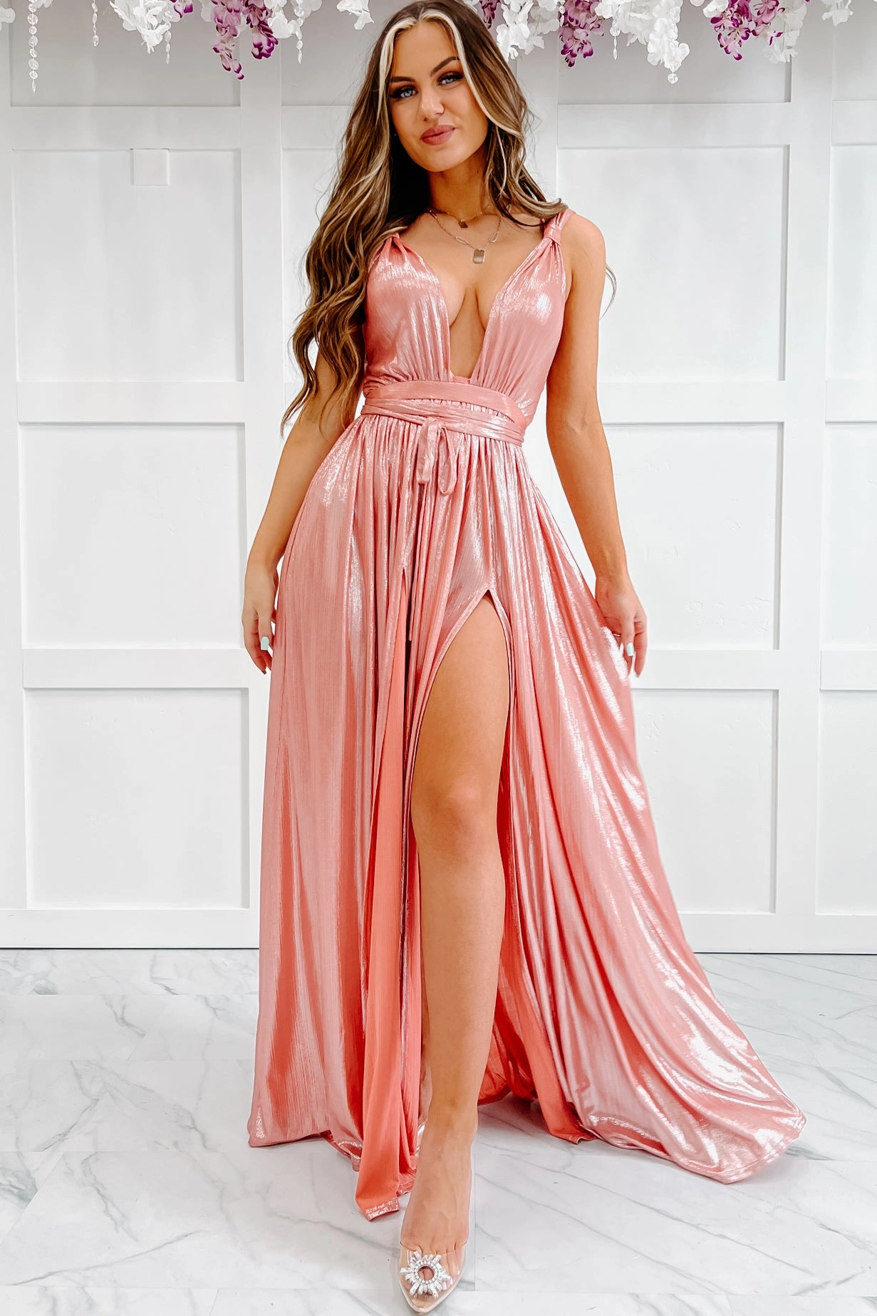 Camera Ready Plunging Metallic Maxi Dress (Salmon) Basic Wardrobe
