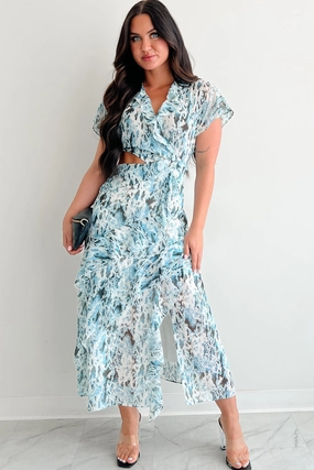 Daily Ready Modern Staple Heart Of Gold Printed Ruffle Maxi Dress (Blue)