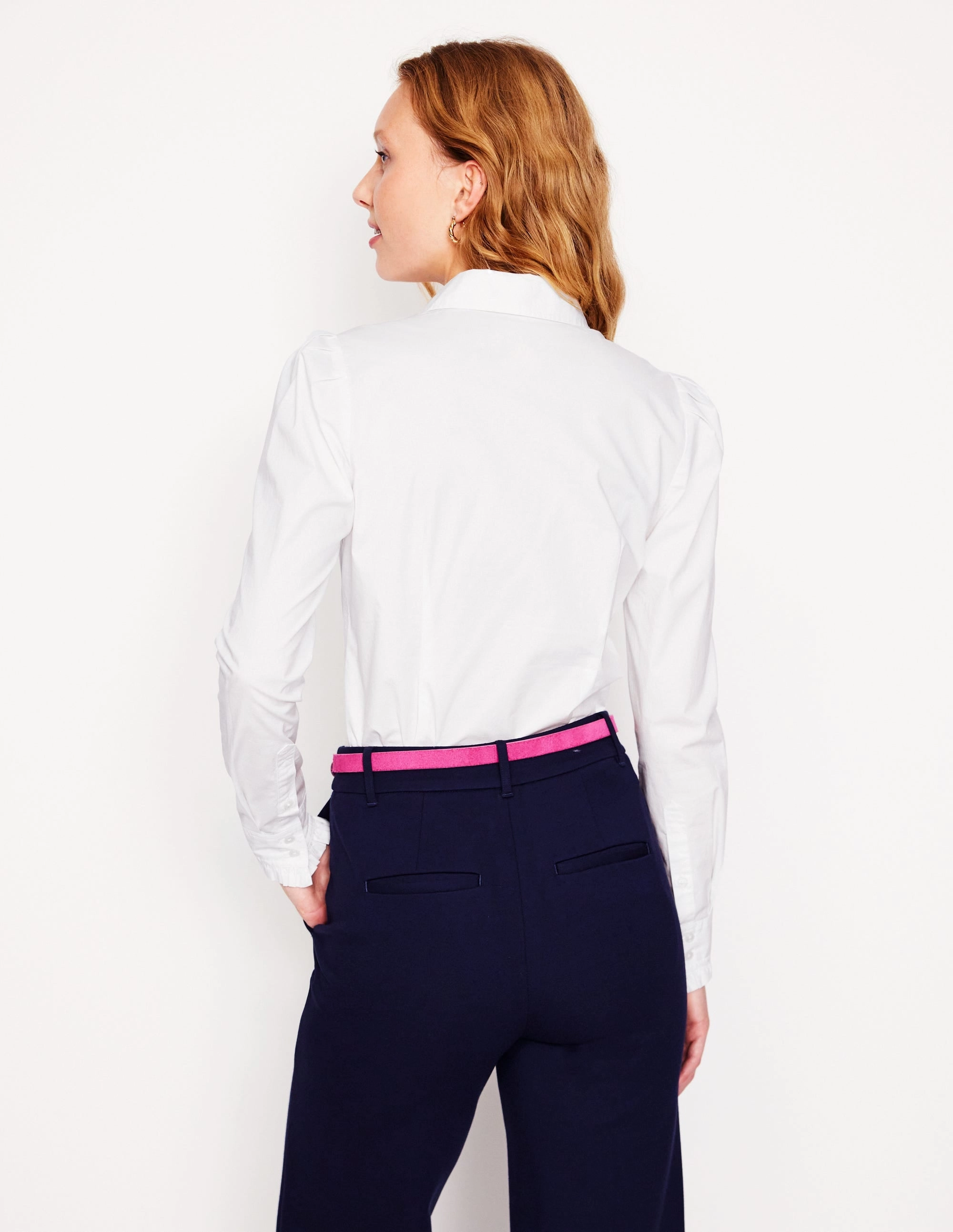 Cara Stretch Cotton Shirt-White Breathable Linen Blend Contrast Stitch Accent