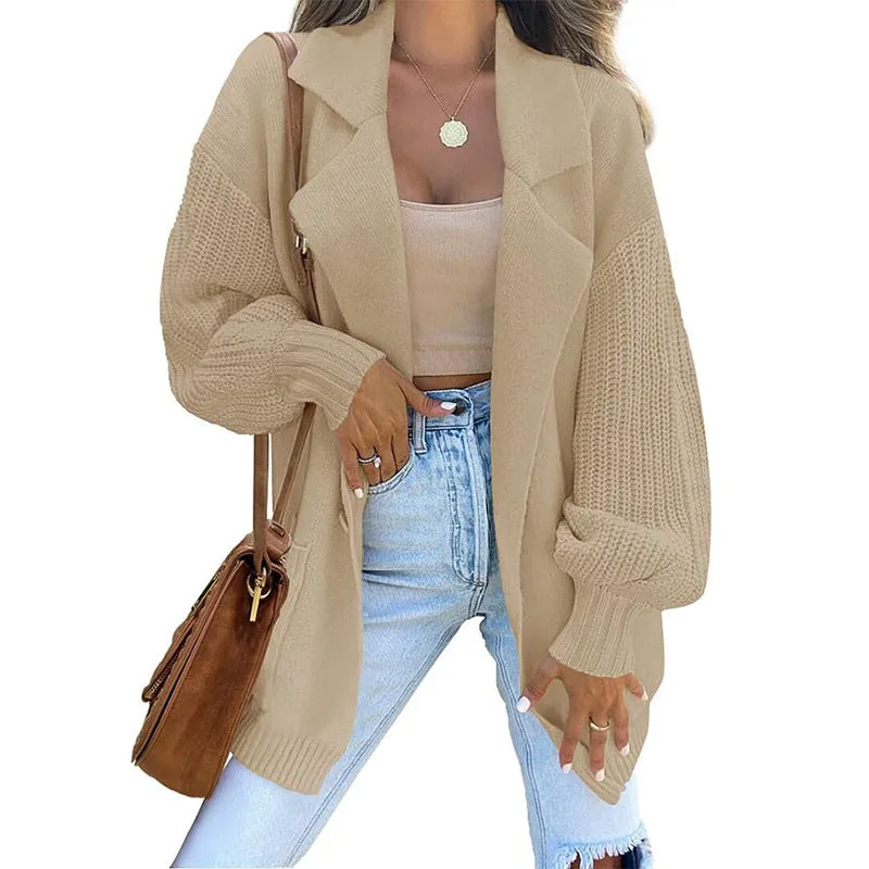 Cardigan Sweater Solid Color Suit Collar Long Sleeve Knitted Jacket