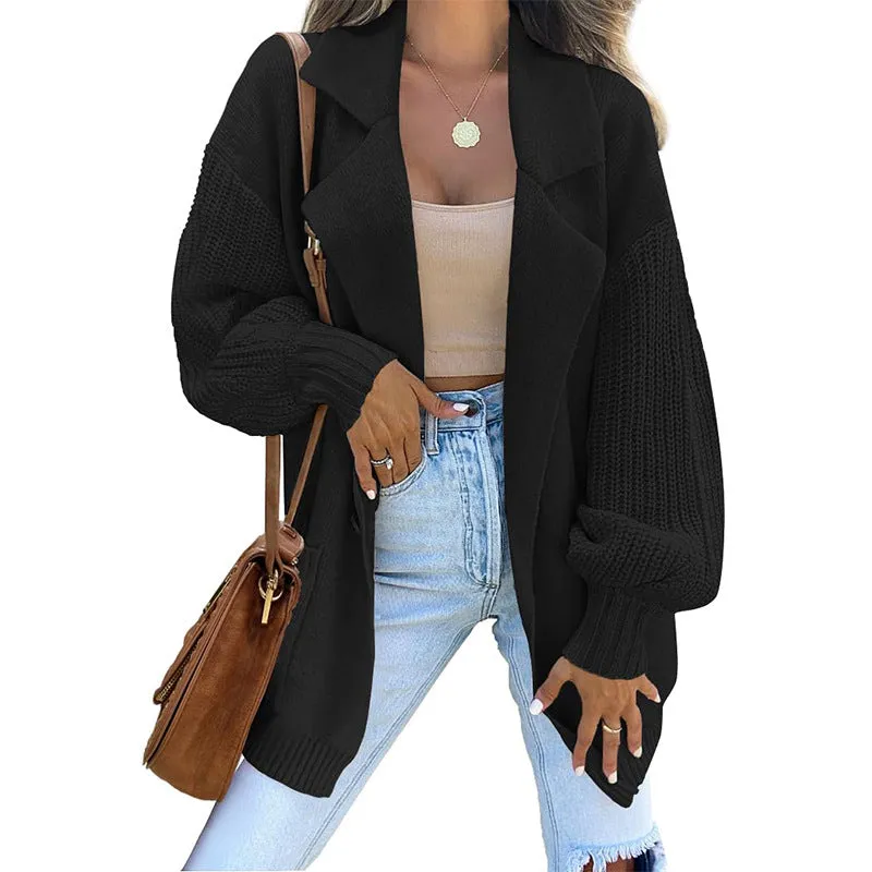 Cardigan Sweater Solid Color Suit Collar Long Sleeve Knitted Jacket