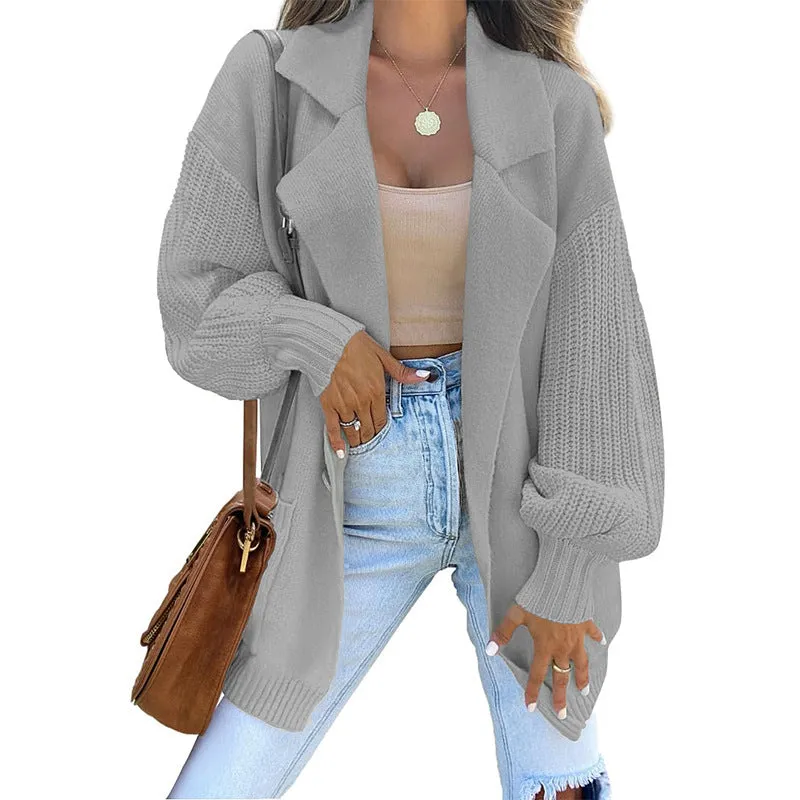 Cardigan Sweater Solid Color Suit Collar Long Sleeve Knitted Jacket