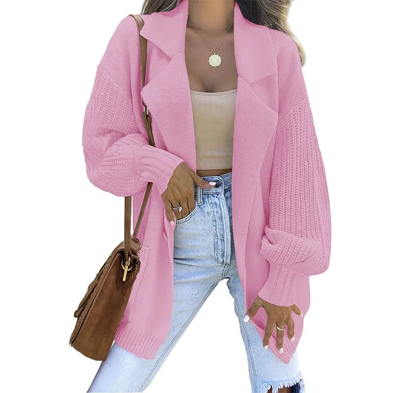 Cardigan Sweater Solid Color Suit Collar Long Sleeve Knitted Jacket