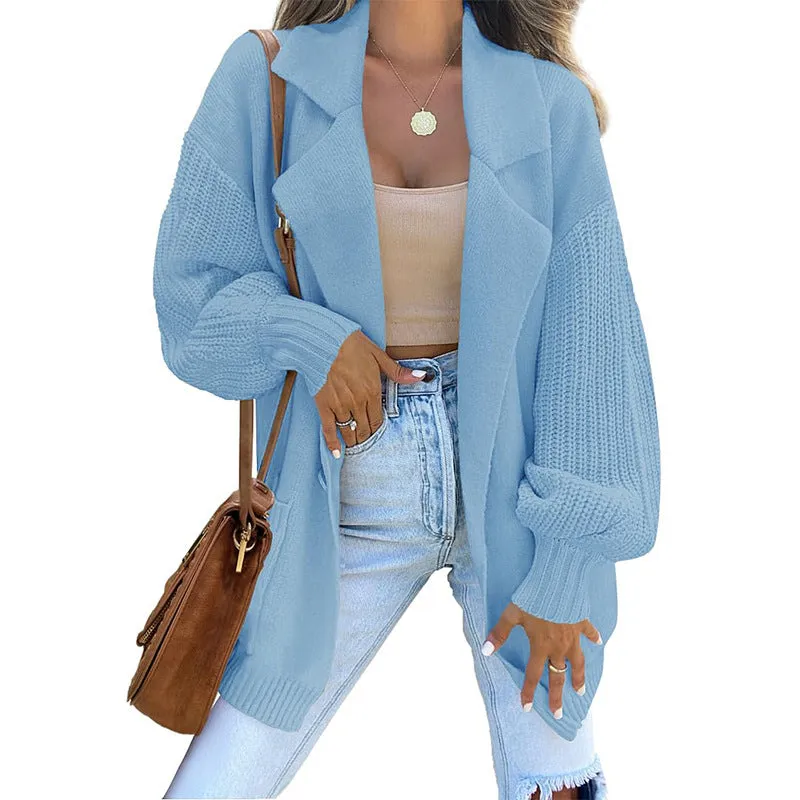 Cardigan Sweater Solid Color Suit Collar Long Sleeve Knitted Jacket