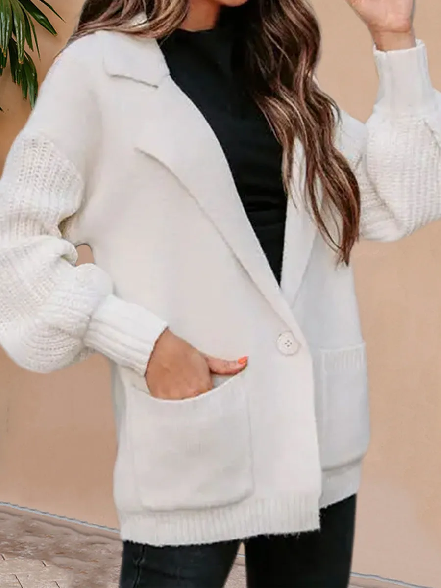 Cardigan Sweater Solid Color Suit Collar Long Sleeve Knitted Jacket
